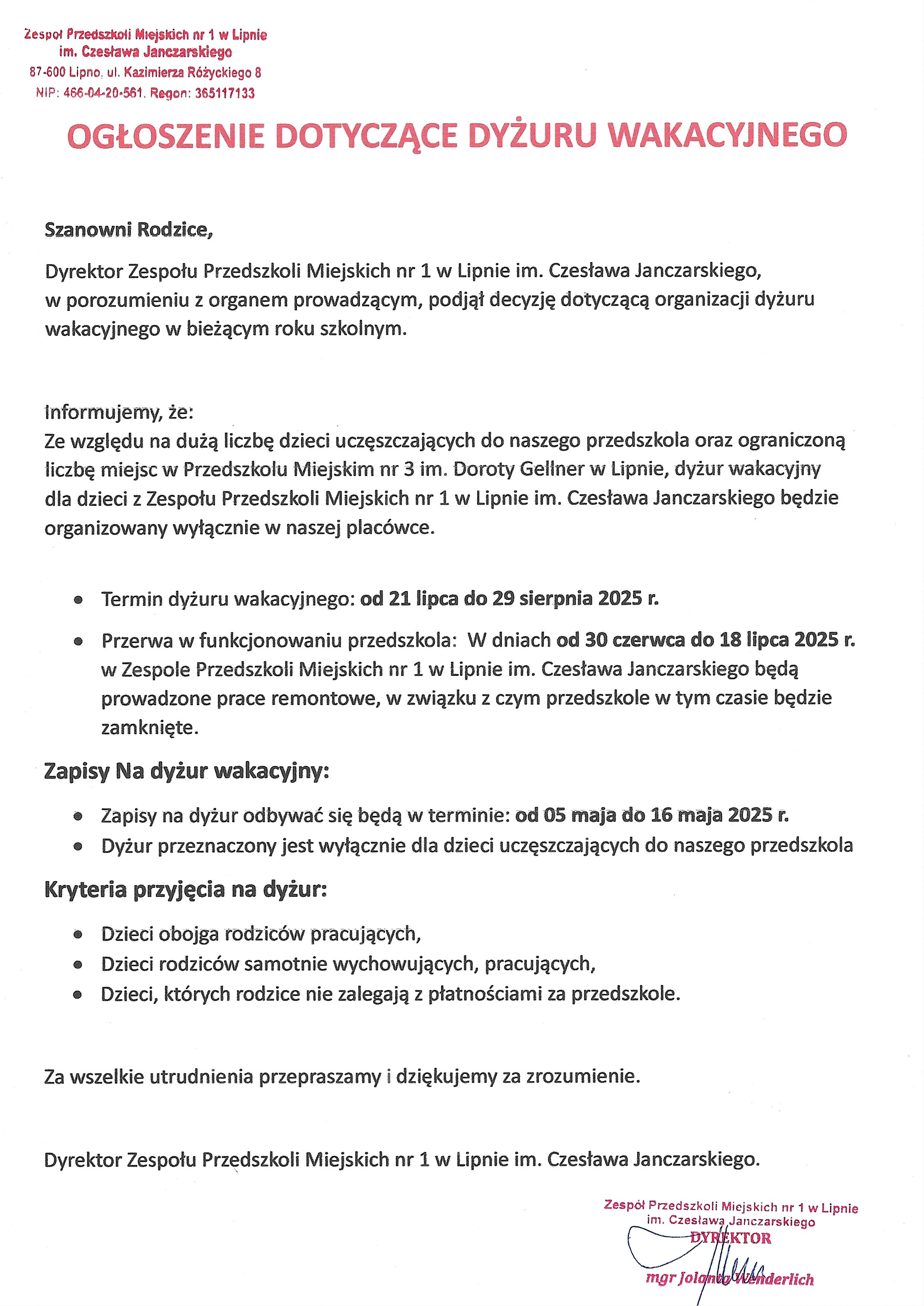 OGŁOSZENIE DOTYCZĄCE DYŻURU WAKACYJNEGO